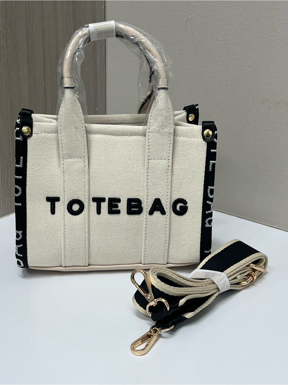 Canvas Cream Tote Bag with Black Accents and Detachable Strap